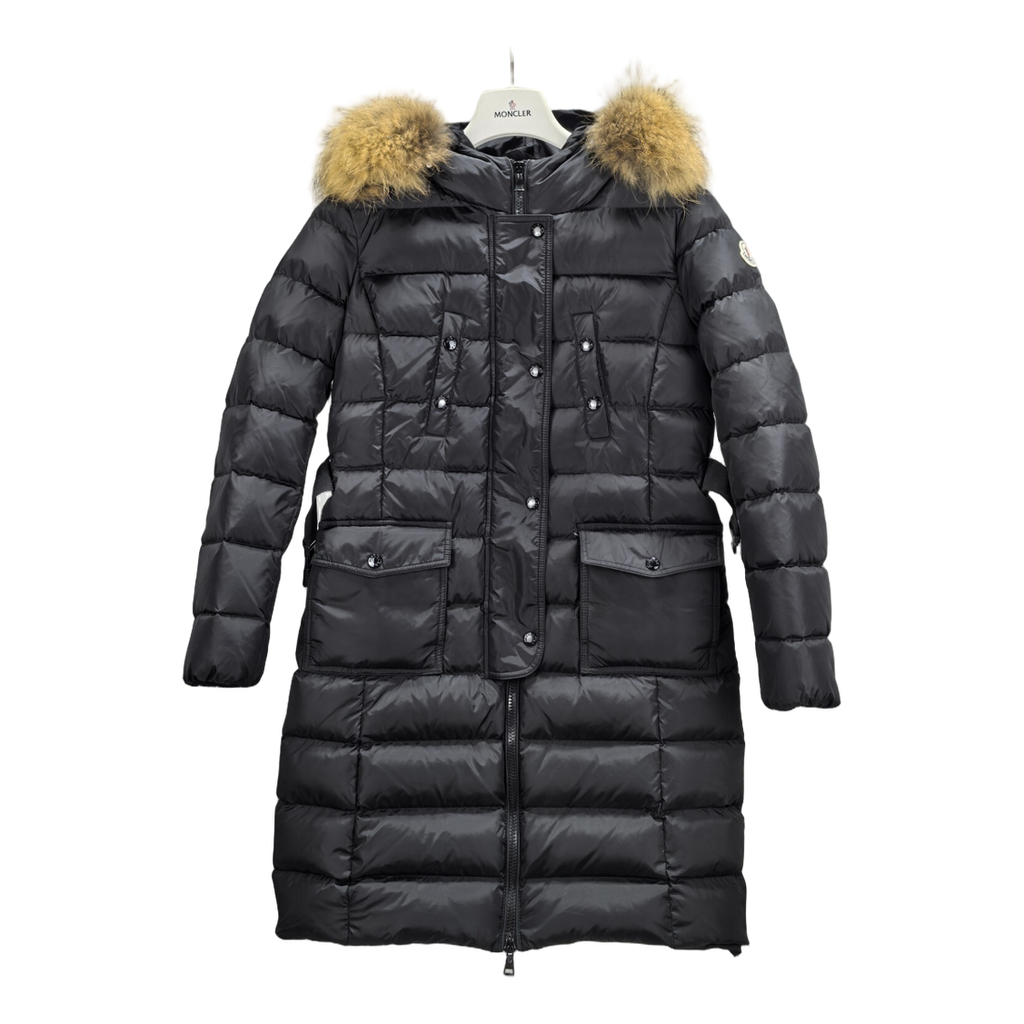 Moncler Four-Pocket Fur-Trim Hooded Long Down Coat – Black