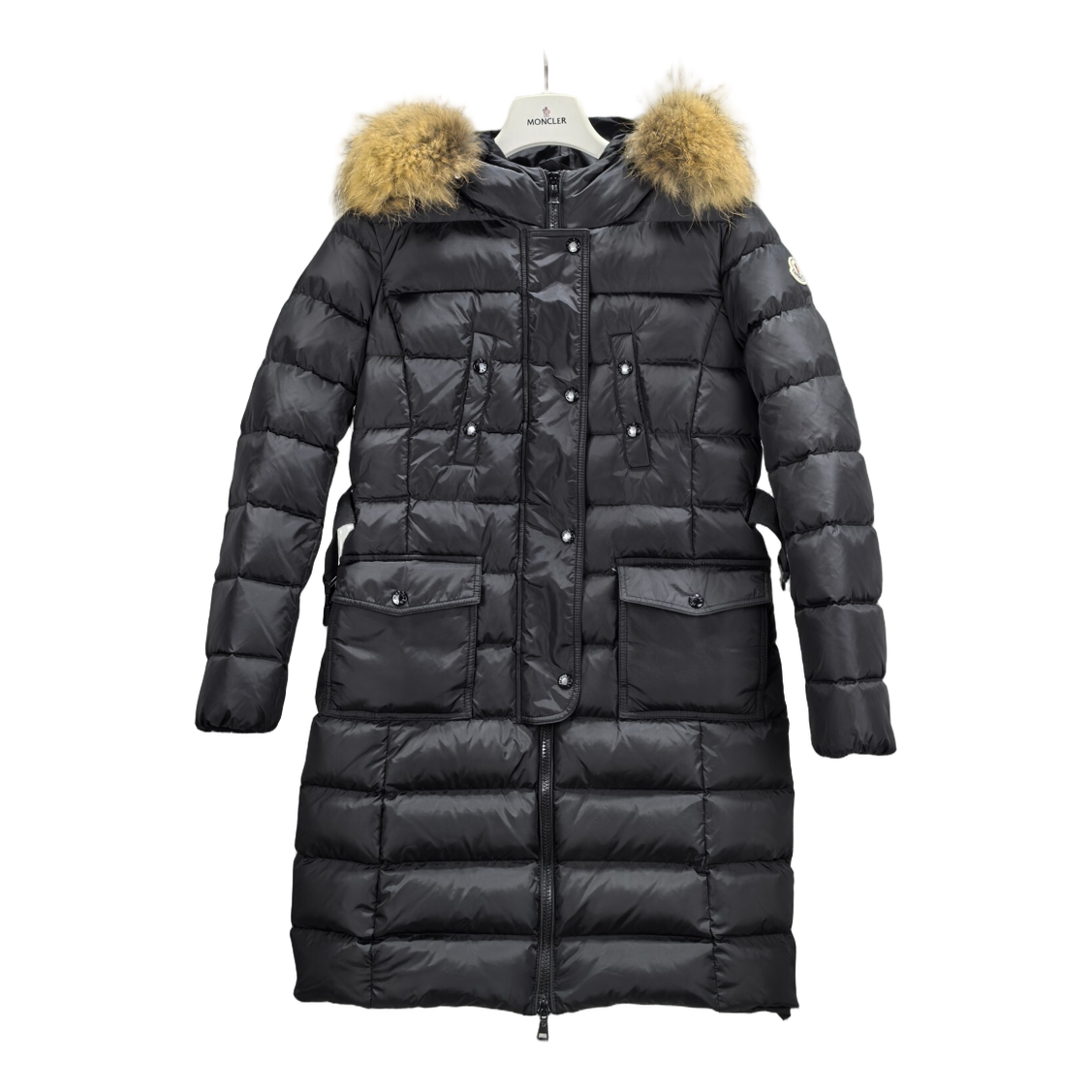 Moncler Four-Pocket Fur-Trim Hooded Long Down Coat – Black