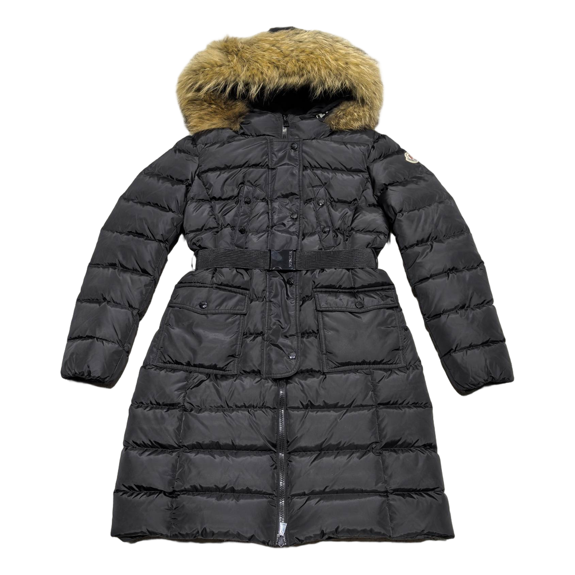 Moncler Four-Pocket Fur-Trim Hooded Long Down Coat – Black