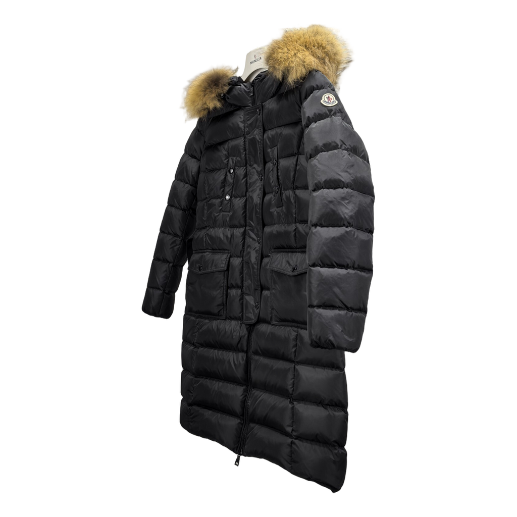 Moncler Four-Pocket Fur-Trim Hooded Long Down Coat – Black