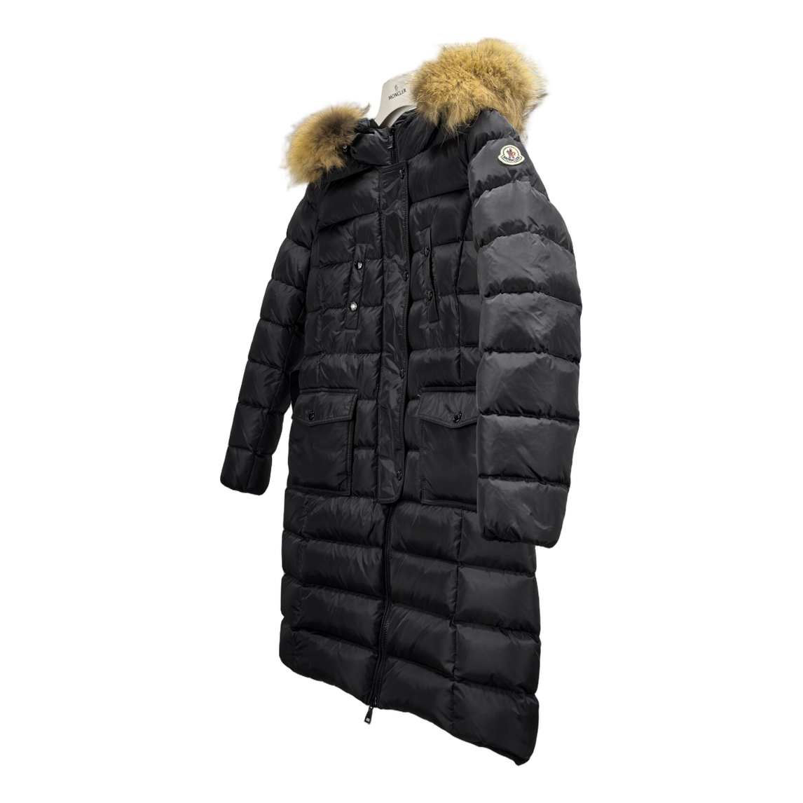 Moncler Four-Pocket Fur-Trim Hooded Long Down Coat – Black