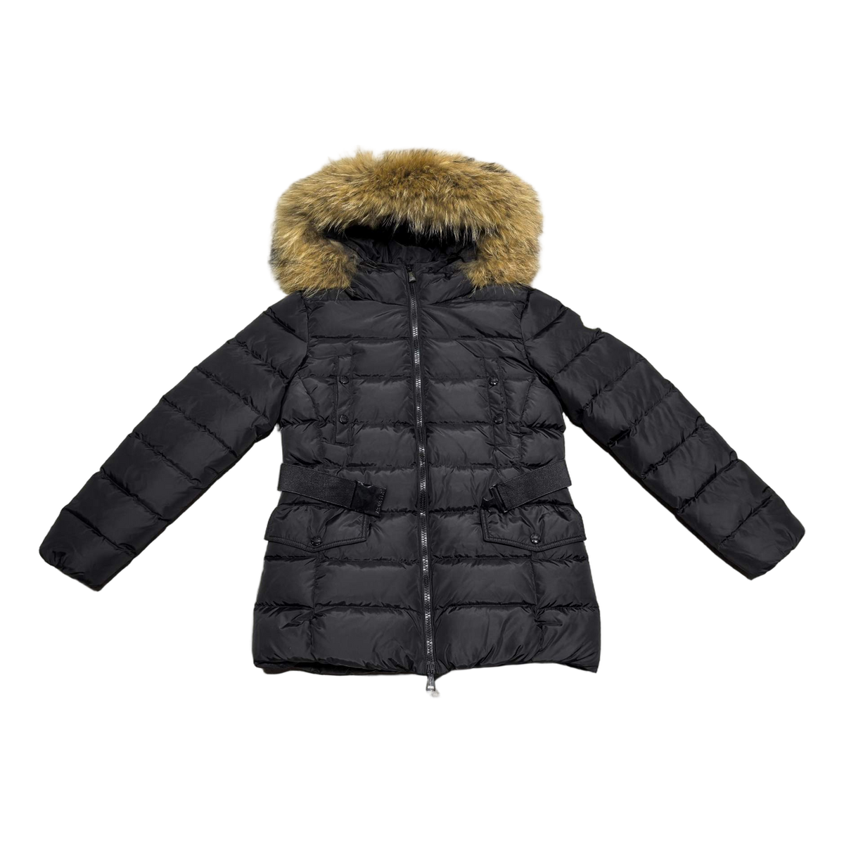 Moncler Belted Fur-Trim Hooded Down Jacket – Black