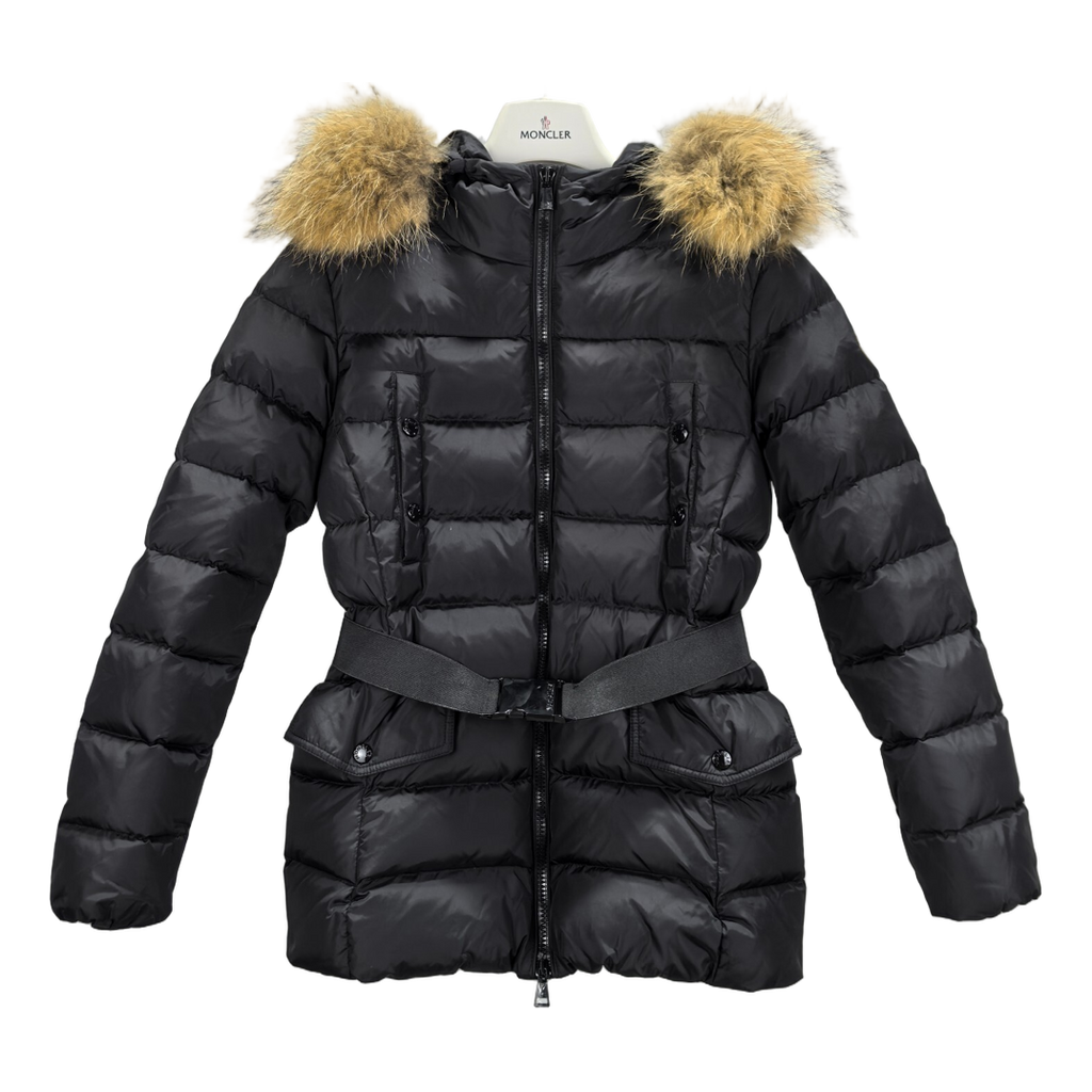 Moncler Belted Fur-Trim Hooded Down Jacket – Black