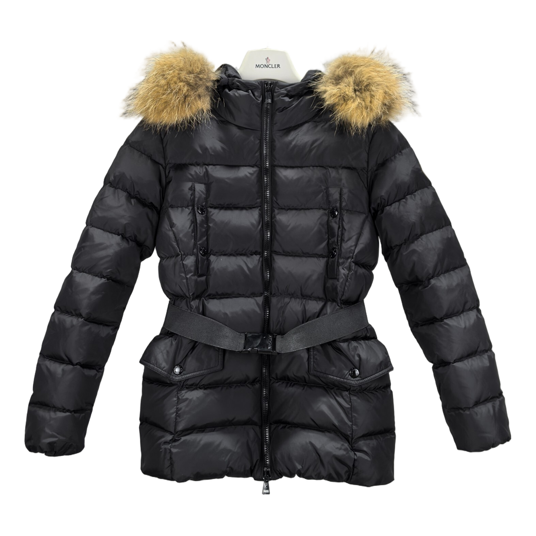 Moncler Belted Fur-Trim Hooded Down Jacket – Black