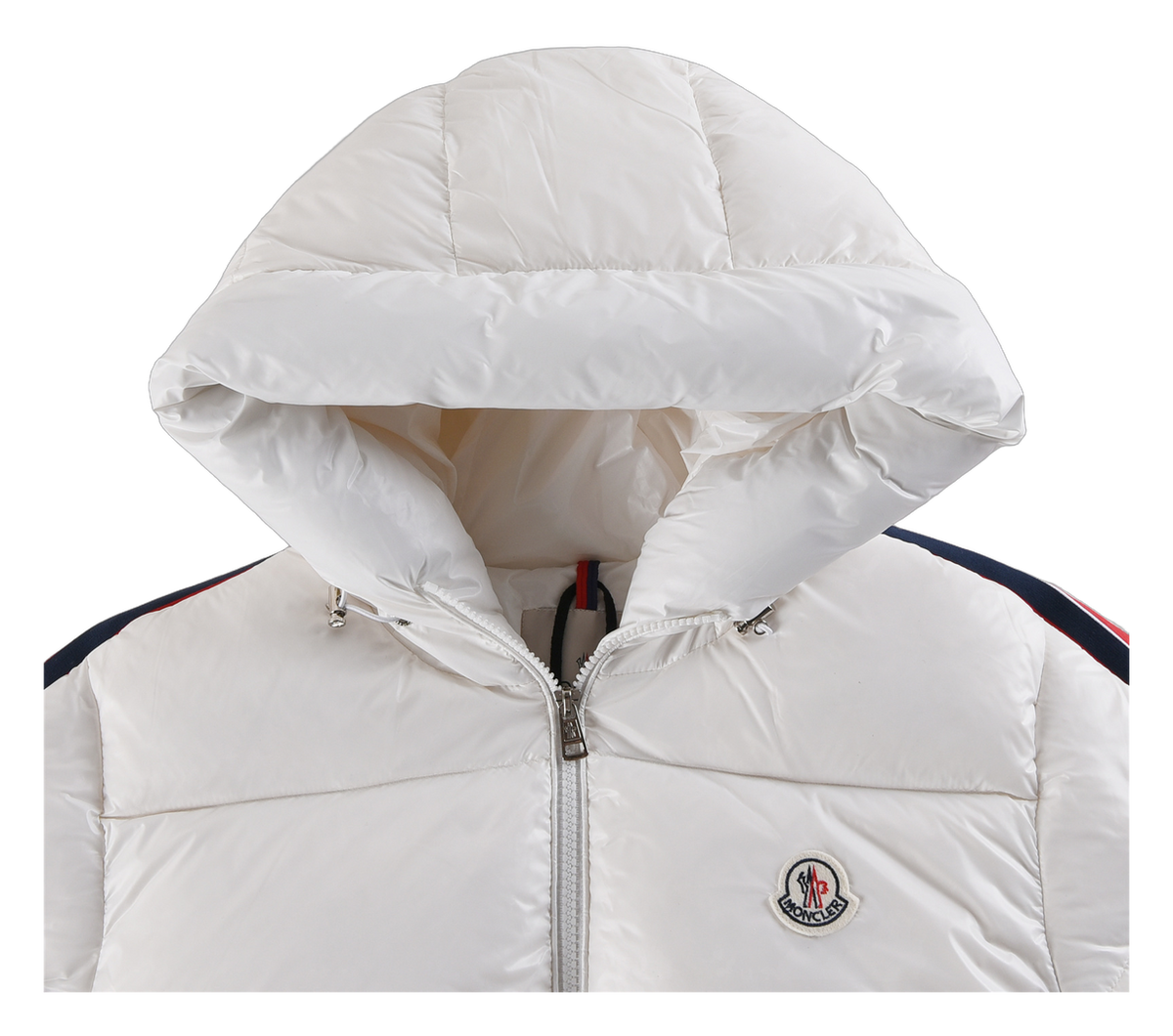 Moncler Tricolour Sleeve-Stripe Hooded Down Jacket – White