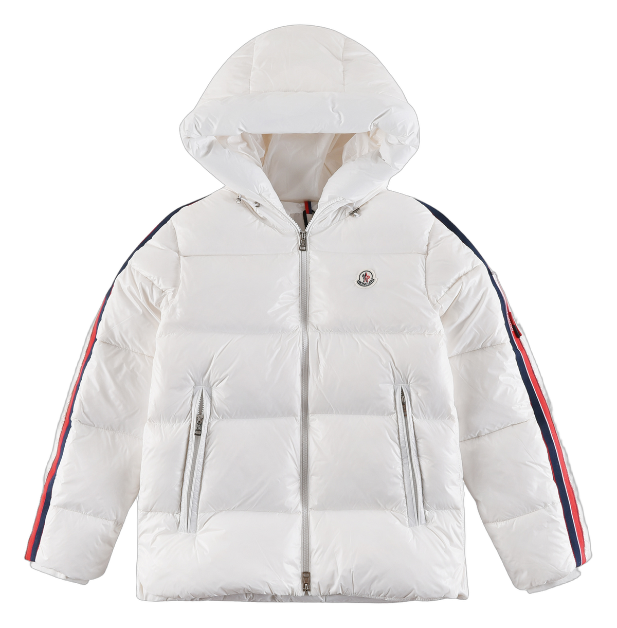 Moncler Tricolour Sleeve-Stripe Hooded Down Jacket – White