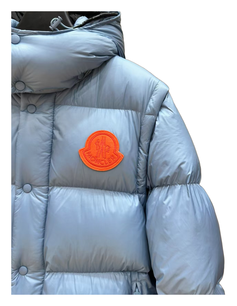 Moncler Orange-Badge Hooded Down Jacket – Ice Blue