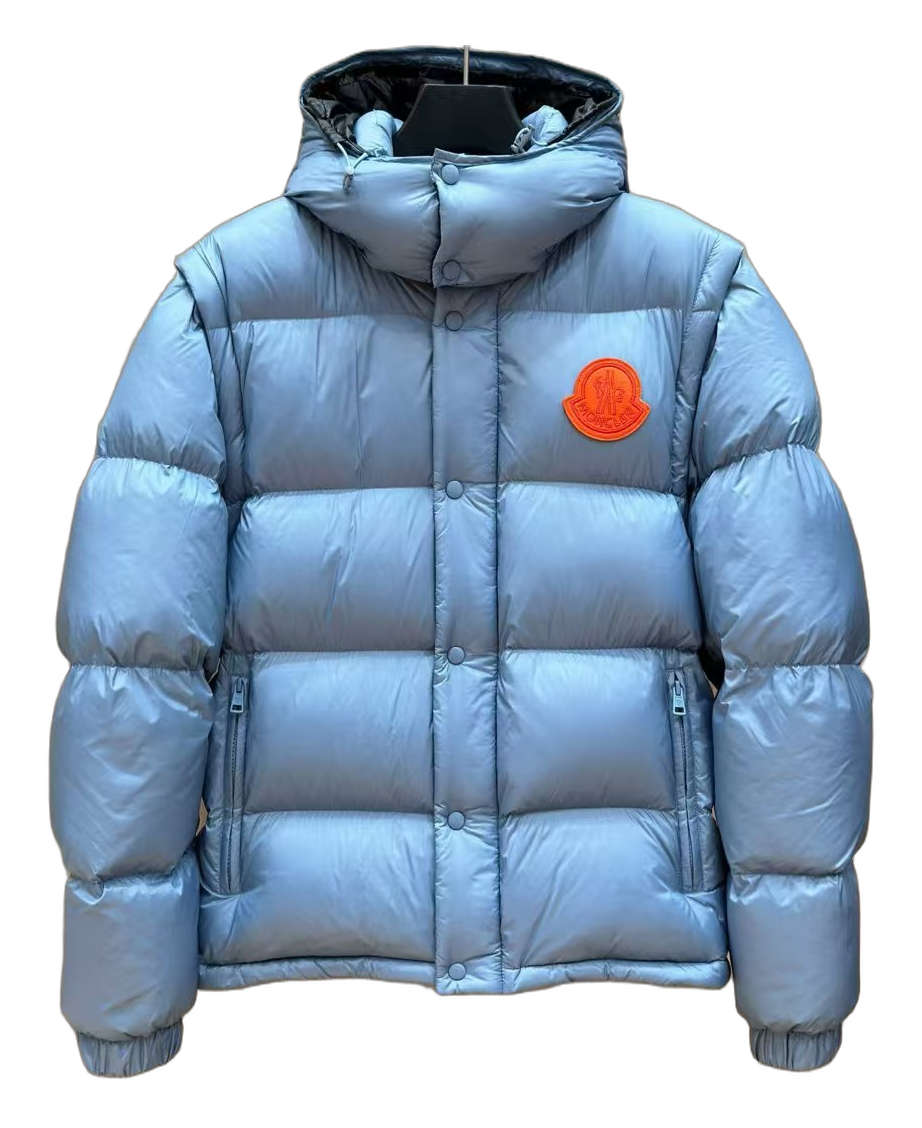 Moncler Orange-Badge Hooded Down Jacket – Ice Blue