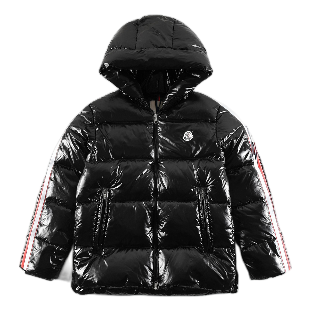 Moncler Tricolour Sleeve-Stripe Glossy Hooded Down Jacket