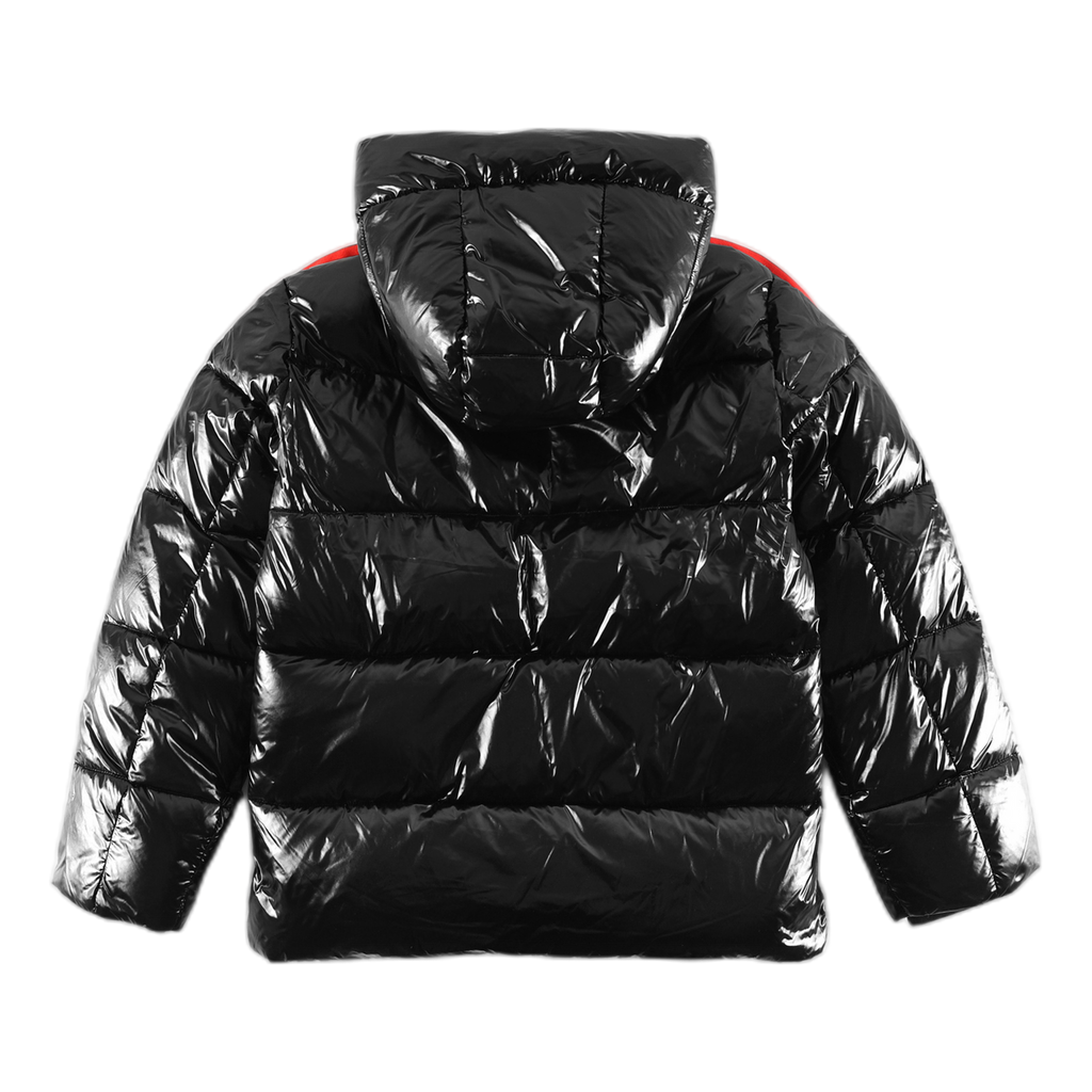 Moncler Tricolour Sleeve-Stripe Glossy Hooded Down Jacket