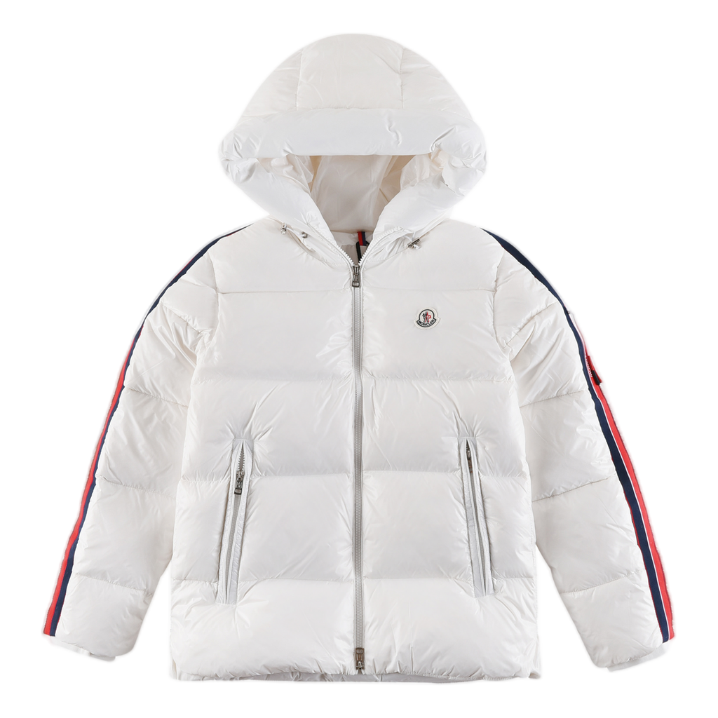Moncler Tricolour Sleeve-Stripe Glossy Hooded Down Jacket