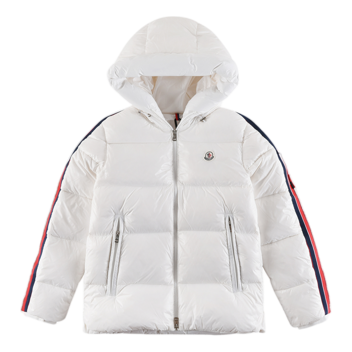 Moncler Tricolour Sleeve-Stripe Glossy Hooded Down Jacket