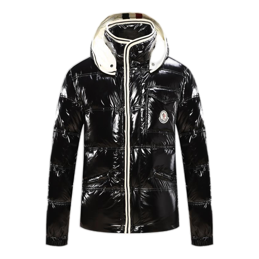 Moncler Contrast-Trim Glossy Hooded Down Jacket
