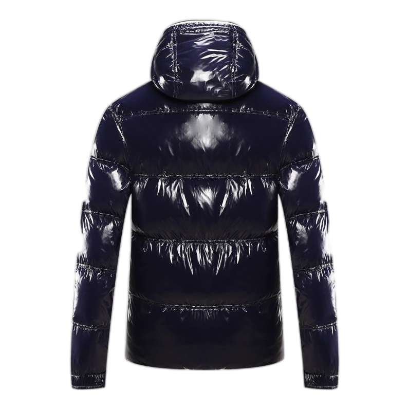 Moncler Contrast-Trim Glossy Hooded Down Jacket