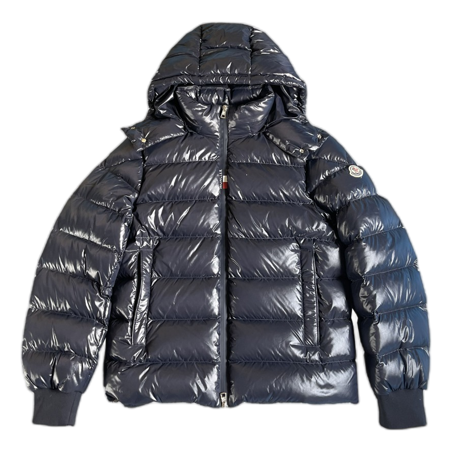 Moncler Glossy Logo-Zip Hooded Down Jacket – Navy