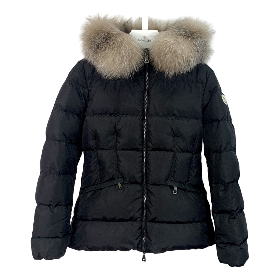 Moncler Cinched-Waist Fur-Trim Hooded Down Jacket – Black