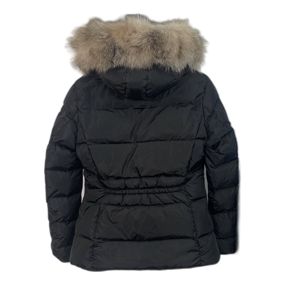 Moncler Cinched-Waist Fur-Trim Hooded Down Jacket – Black