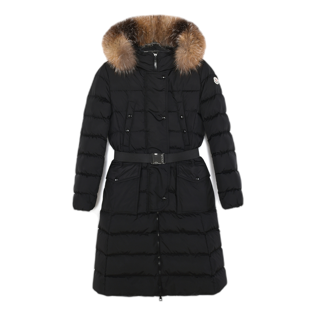 Moncler Khloe Belted Fur-Trim Hooded Long Down Coat – Black