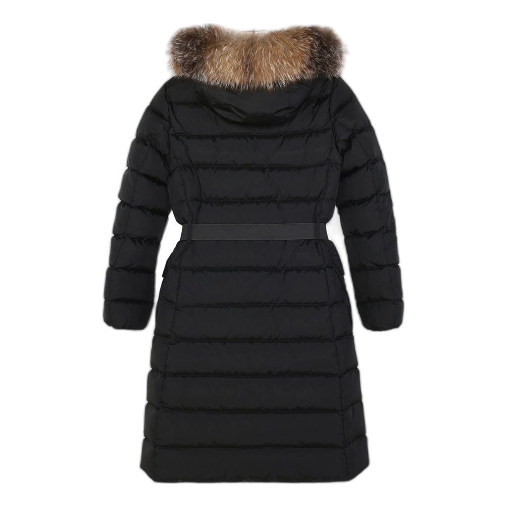 Moncler Khloe Belted Fur-Trim Hooded Long Down Coat – Black