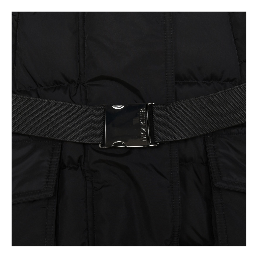 Moncler Khloe Belted Fur-Trim Hooded Long Down Coat – Black