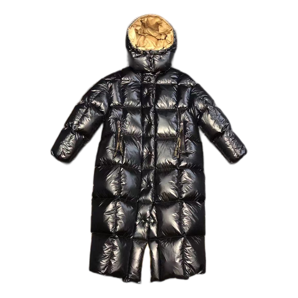 Moncler Gold-Lined Glossy Long Down Coat – Black