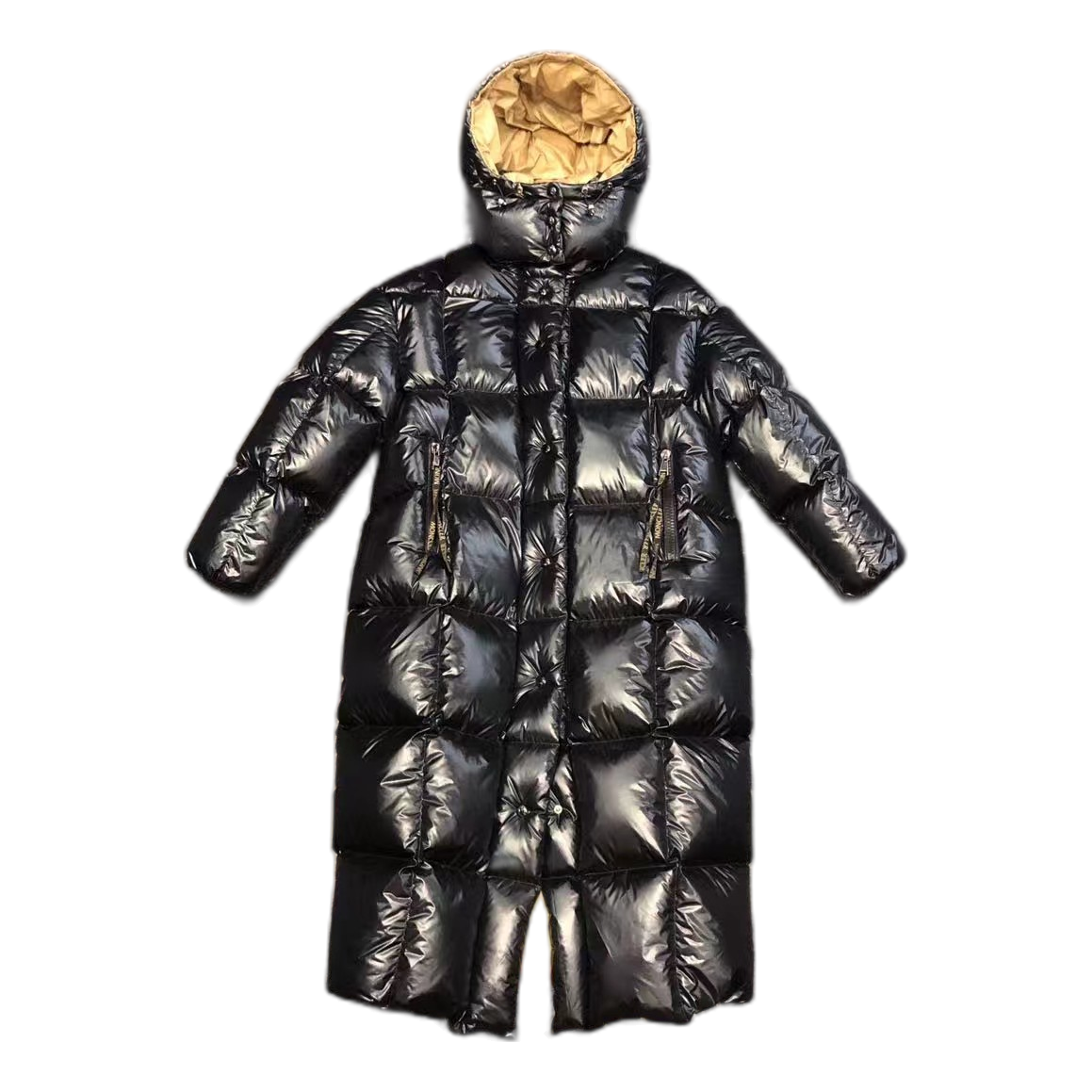 Moncler Gold-Lined Glossy Long Down Coat – Black
