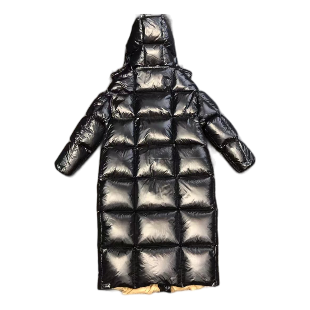 Moncler Gold-Lined Glossy Long Down Coat – Black
