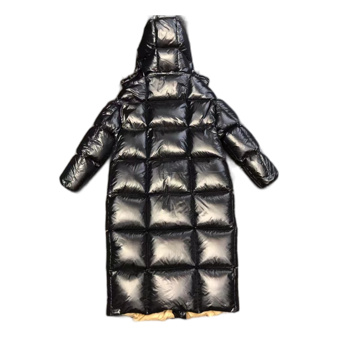 Moncler Gold-Lined Glossy Long Down Coat – Black