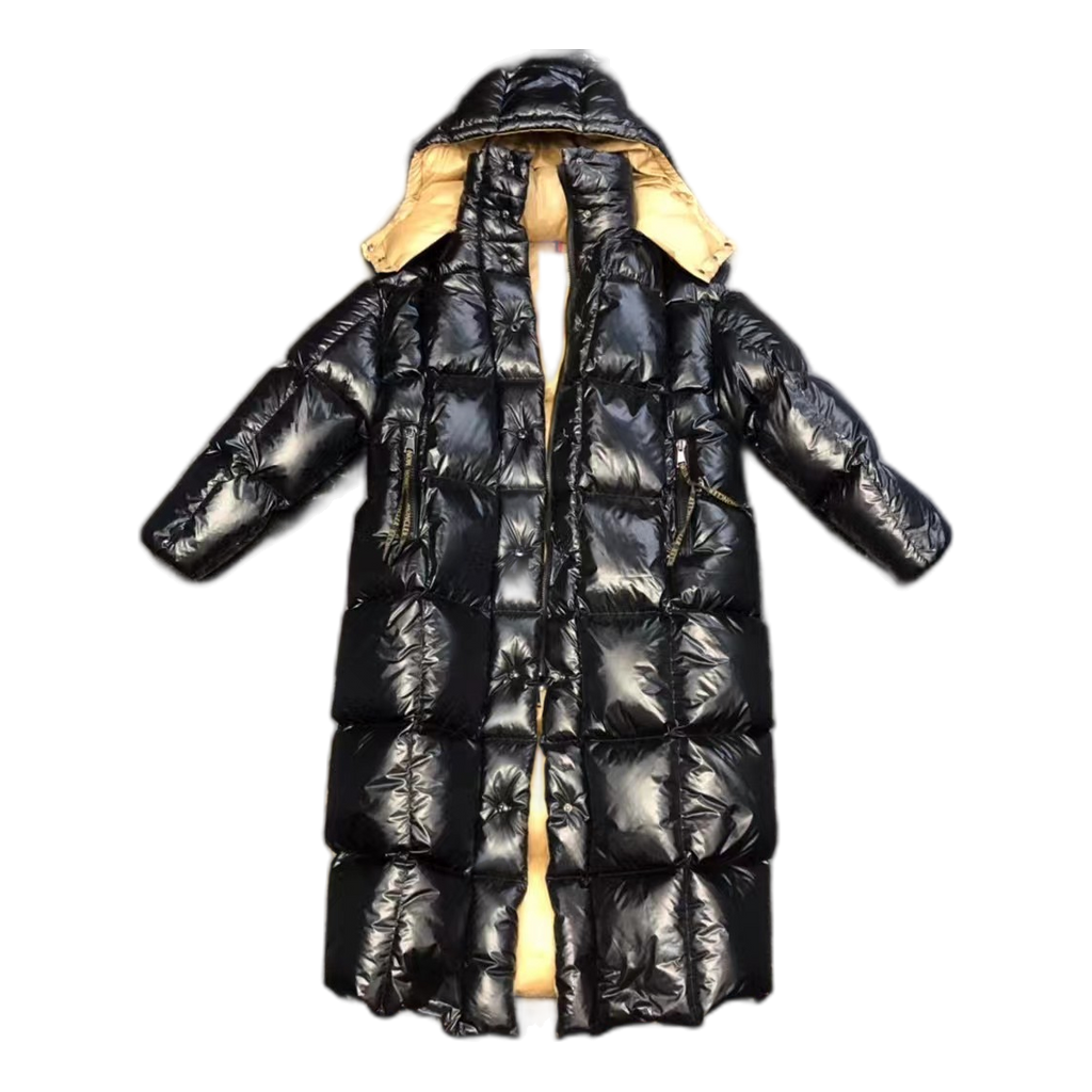 Moncler Gold-Lined Glossy Long Down Coat – Black