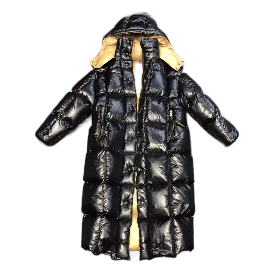 Moncler Gold-Lined Glossy Long Down Coat – Black