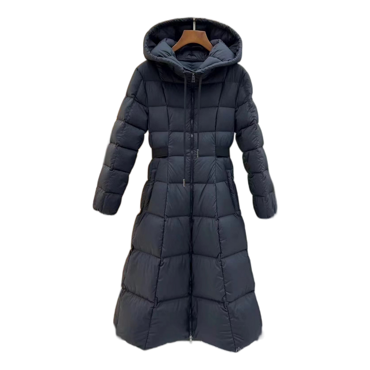 Moncler Fitted Long Down Coat with Drawstring Hood – Black