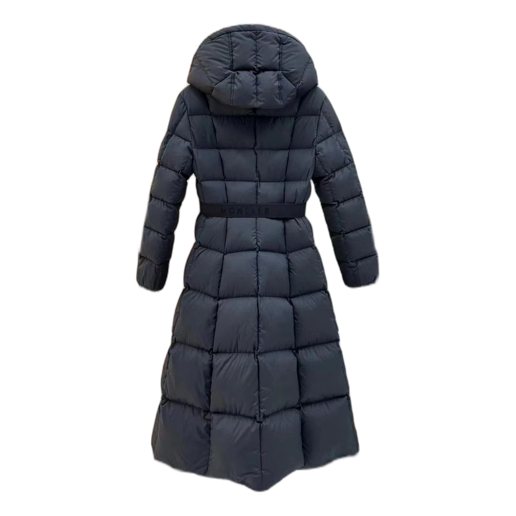 Moncler Fitted Long Down Coat with Drawstring Hood – Black