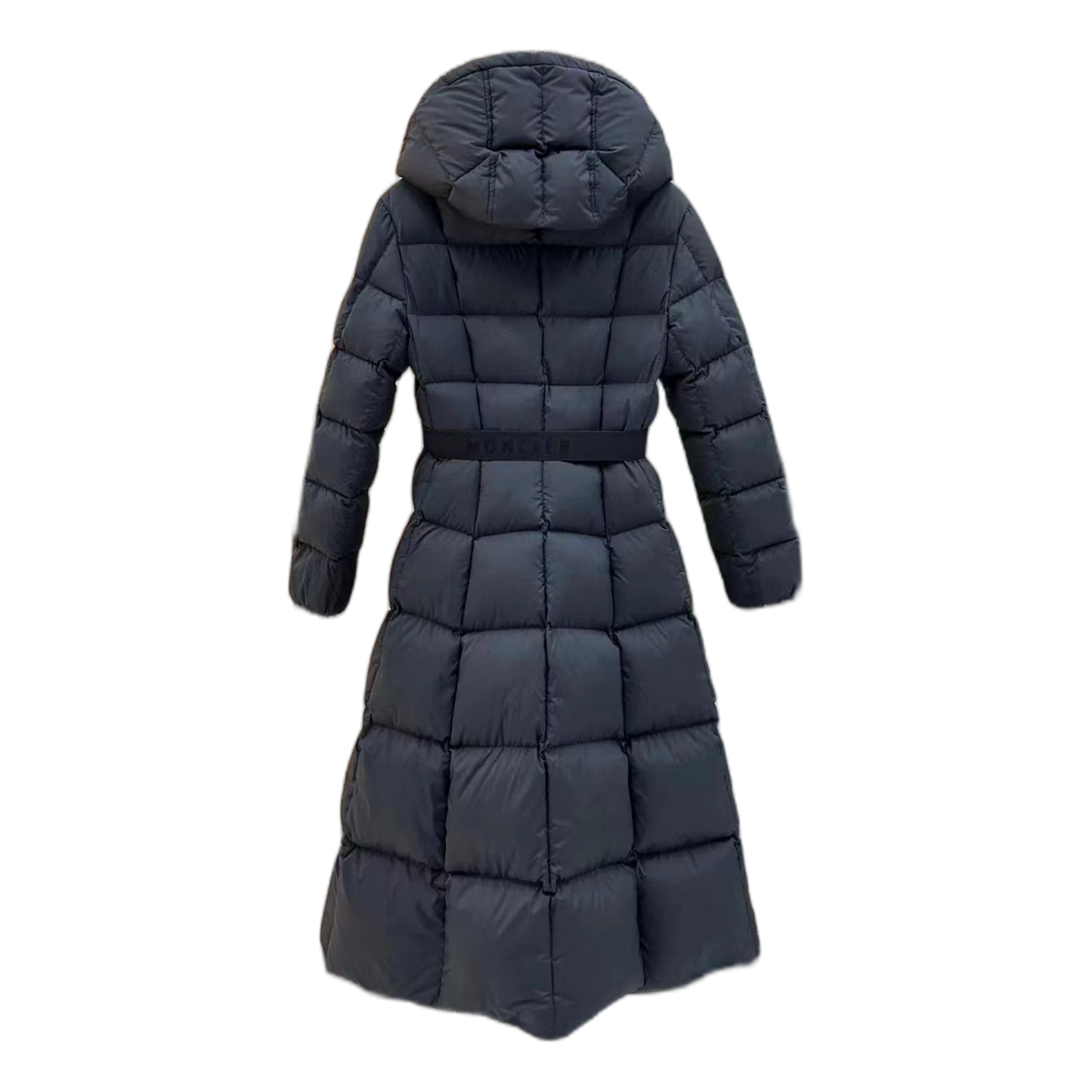 Moncler Fitted Long Down Coat with Drawstring Hood – Black