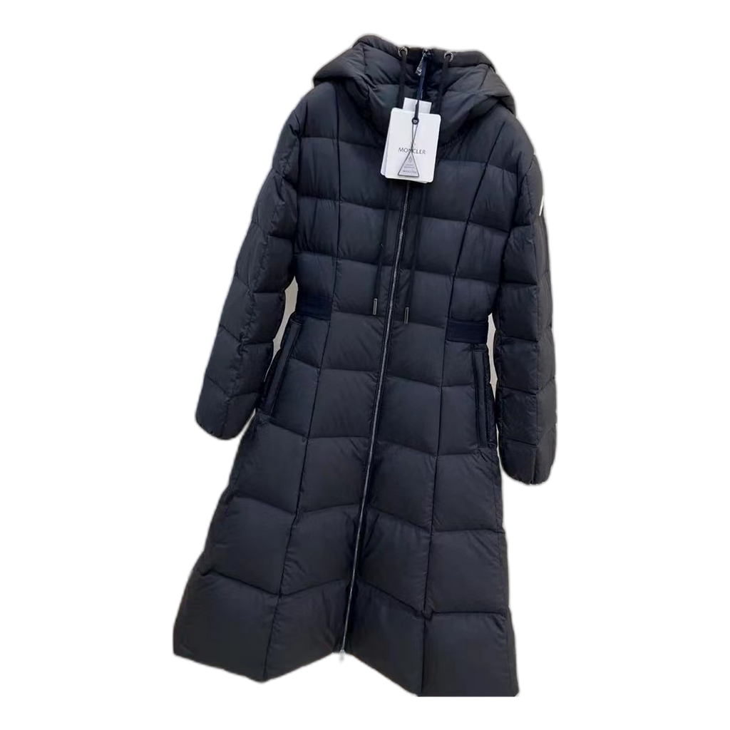 Moncler Fitted Long Down Coat with Drawstring Hood – Black