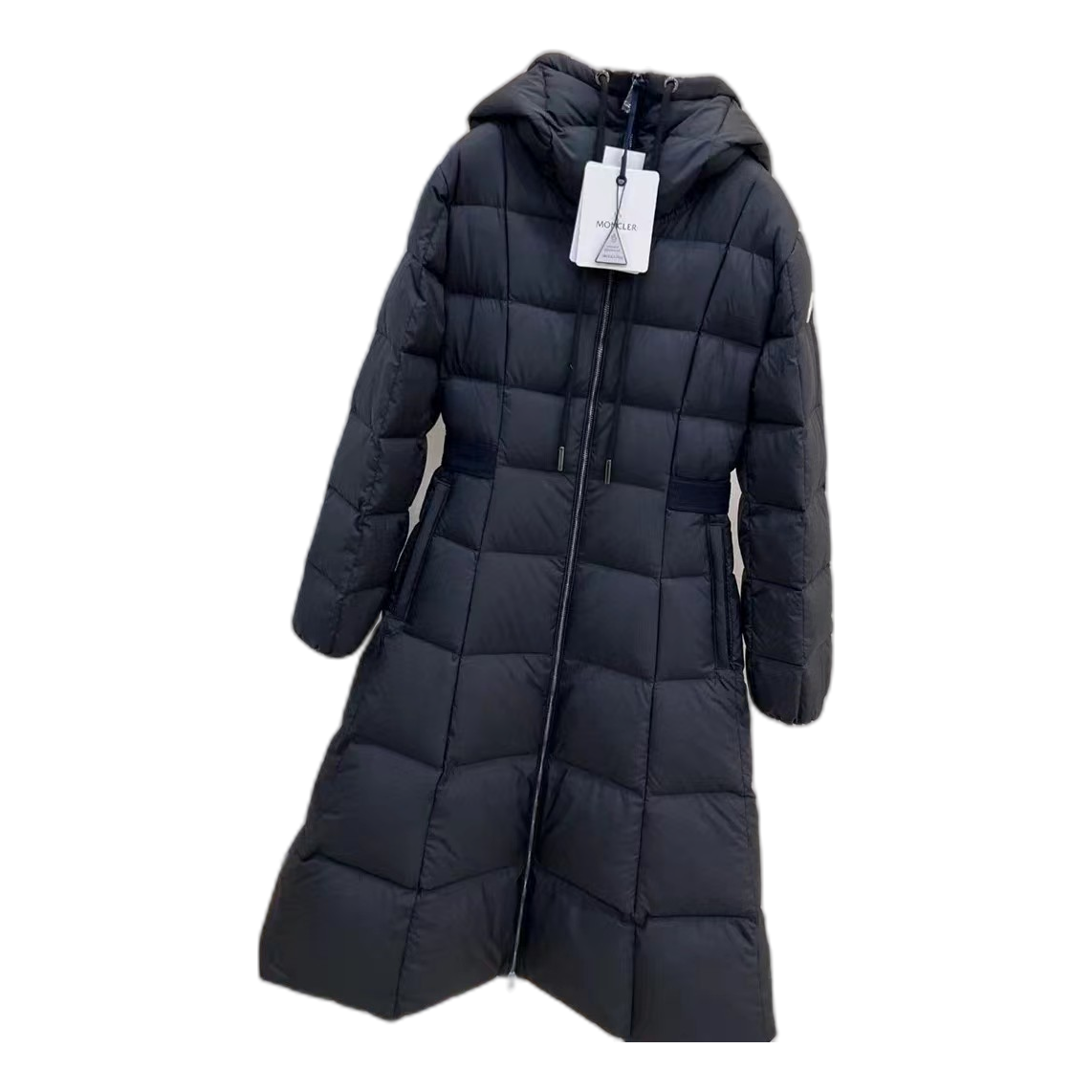 Moncler Fitted Long Down Coat with Drawstring Hood – Black