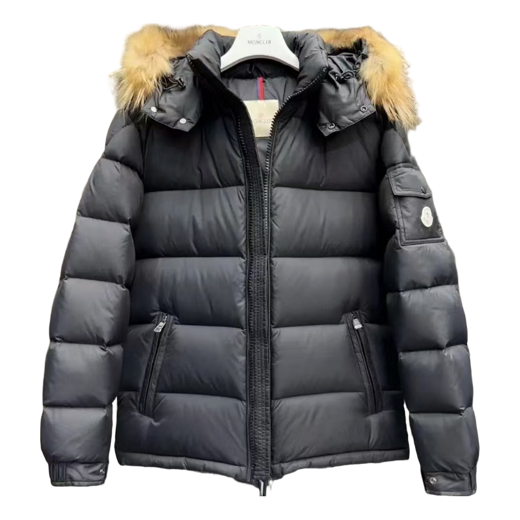 Moncler Fur-Trim Hooded Down Puffer Jacket – Black