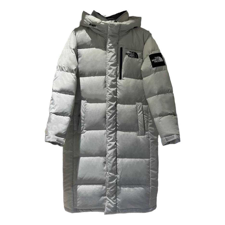 The North Face Long Hooded Color-Block Puffer Coat – Grey