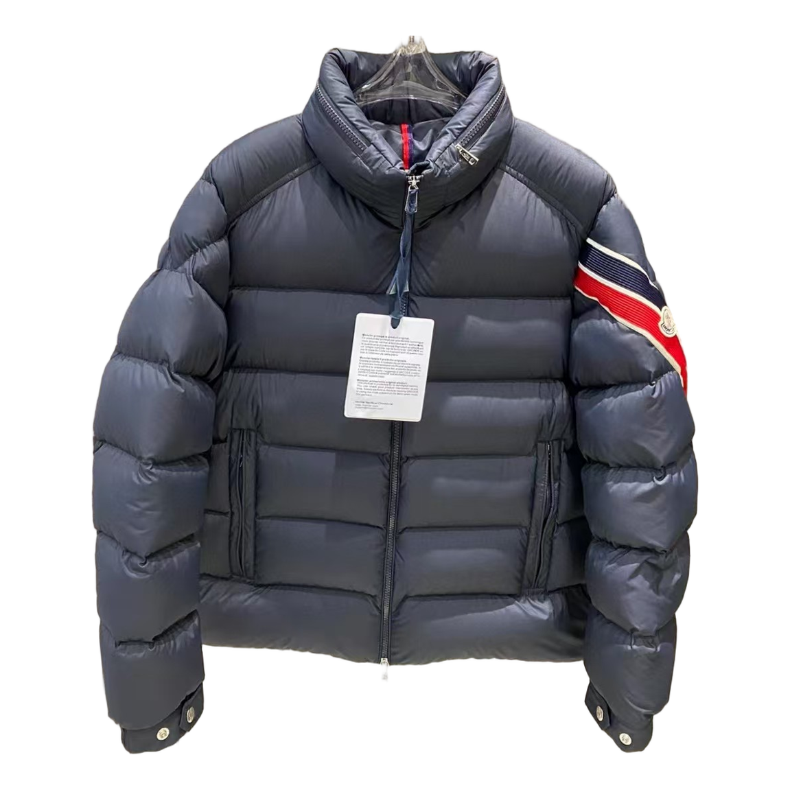 Moncler Tricolour Sleeve-Band Stand-Collar Down Jacket – Navy