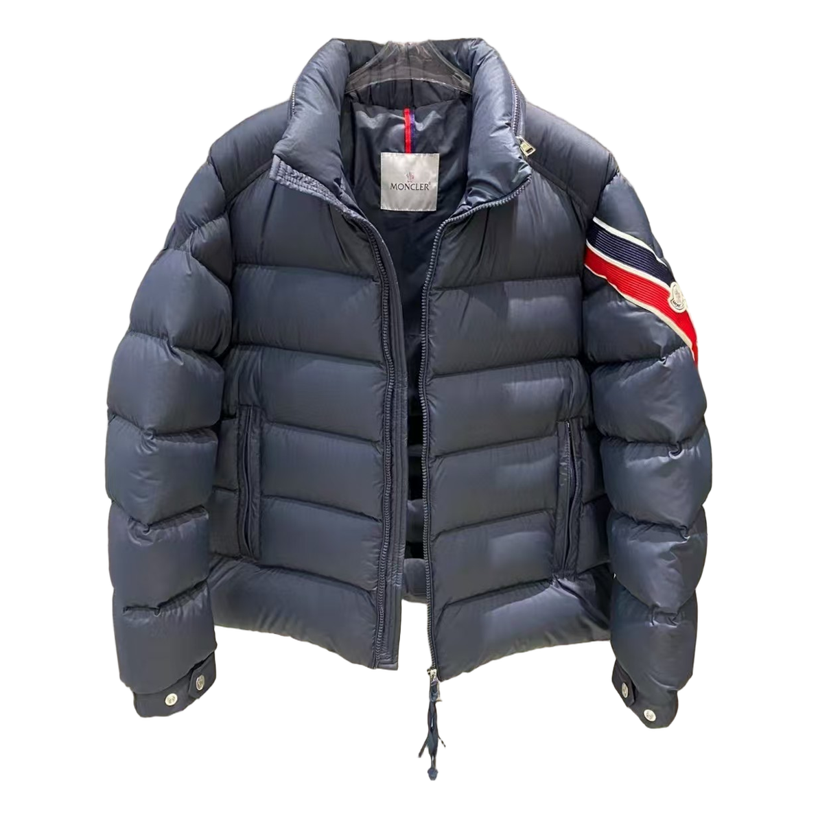 Moncler Tricolour Sleeve-Band Stand-Collar Down Jacket – Navy