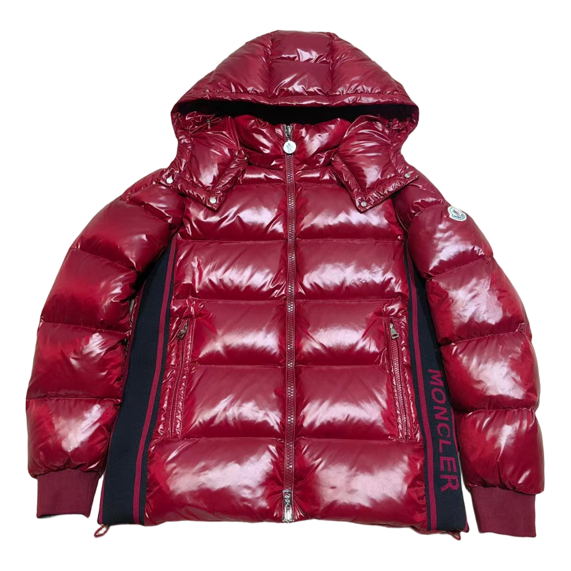 Moncler Logo-Zip Glossy Hooded Down Jacket – Red