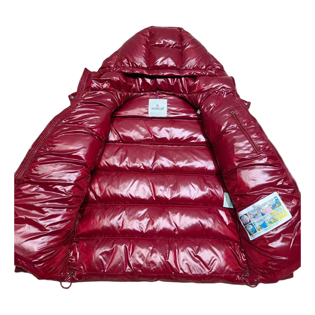 Moncler Logo-Zip Glossy Hooded Down Jacket – Red