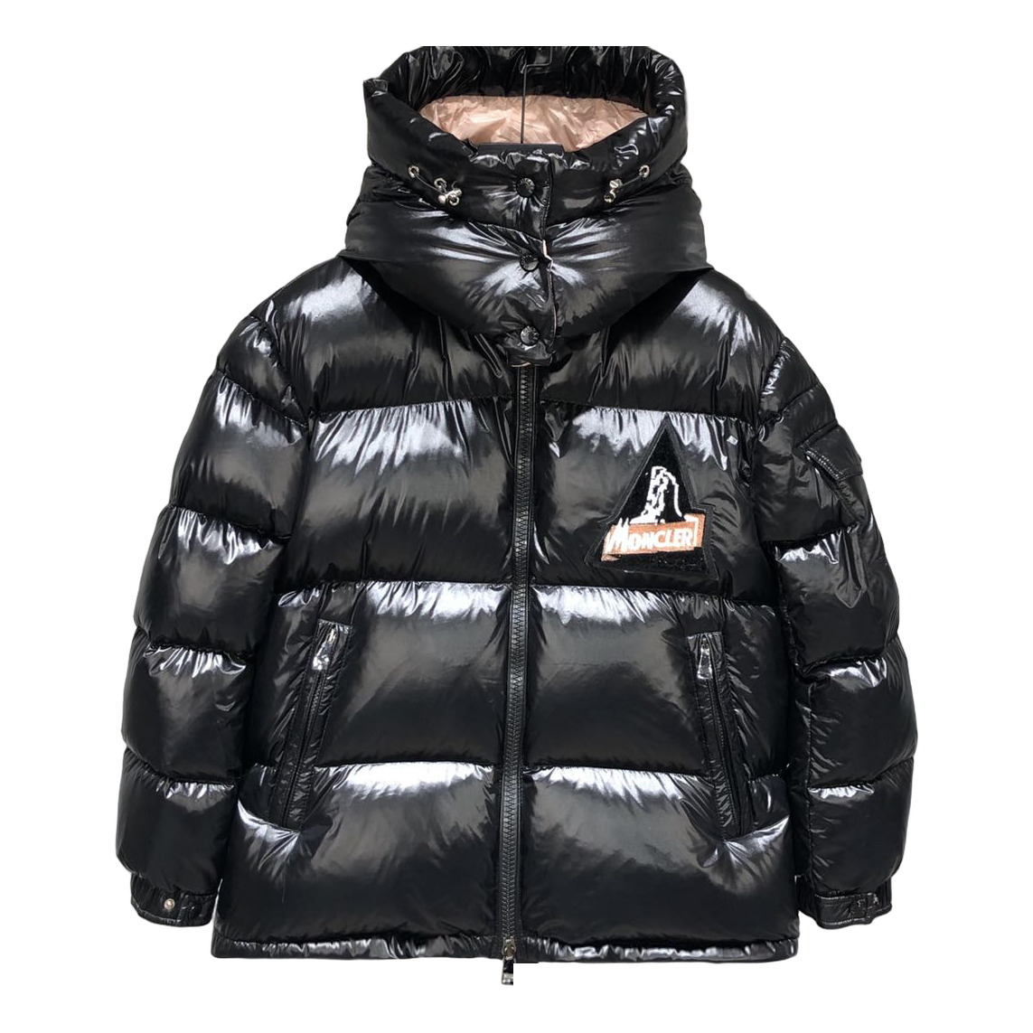 Moncler Mountain-Badge Glossy Short Down Jacket – Black