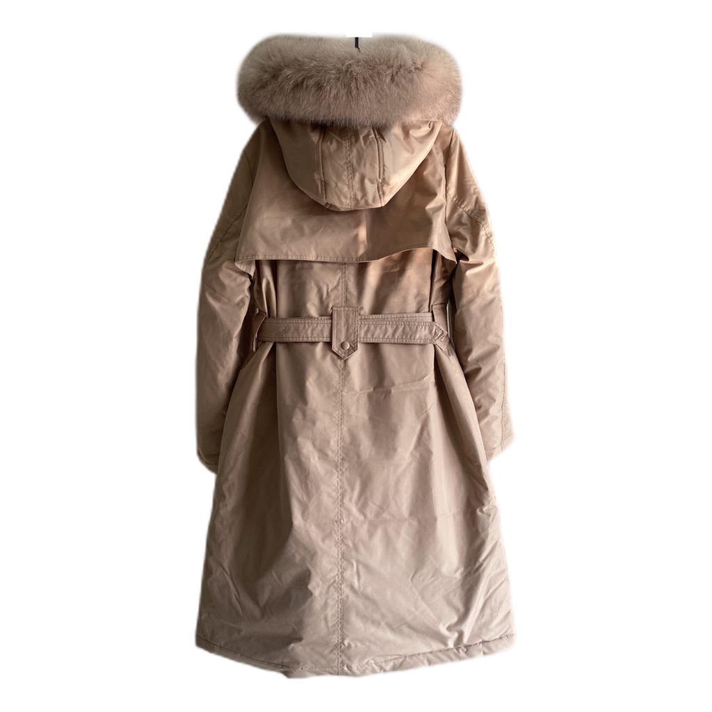 Prada Belted Faux Fur-Trim Hooded Coat – Blush Beige