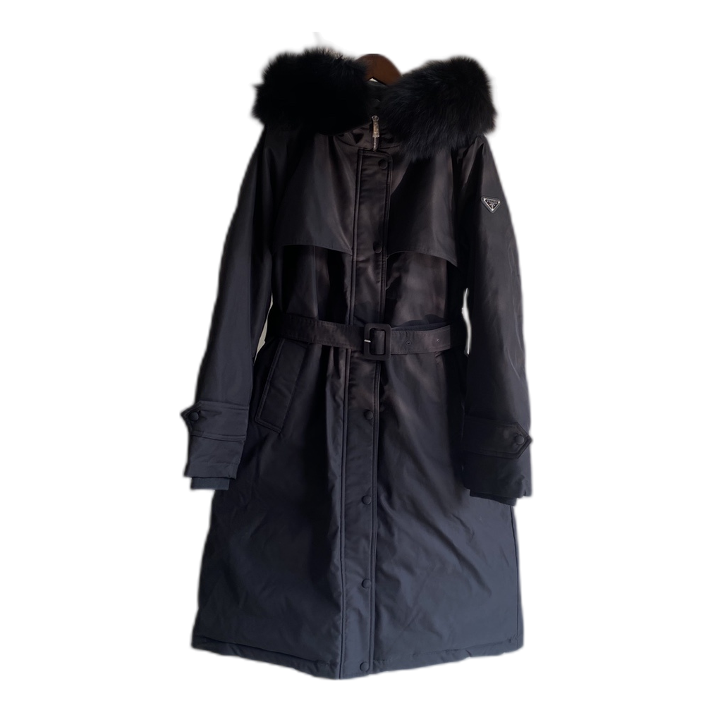 Prada Belted Faux Fur-Trim Hooded Coat – Black